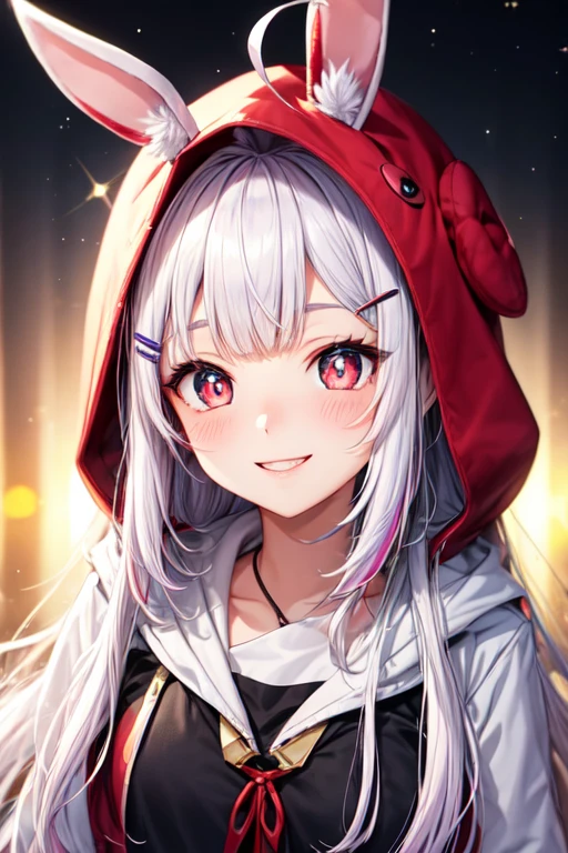 streaked hair, multicolored hair, white hair, purple hair, gradient hair, asymmetrical hair, bangs, long hair, messy hair, parted bangs, side swept bangs, asymmetrical bangs, big hair, expressive hair, heart ahoge, beret, hairclip, horns, animal hood, hood down, bunny hair ornament, dilated pupils, star-shaped pupils, gradient eyes, wide eyes, wide eyes, wide eyes, wide eyes, wide eyes, red eyes, pupils sparkling, amber eyes, fake animal ears, smile, smile, bright pupils, smiley, happy, light blush, bokeh, high quality