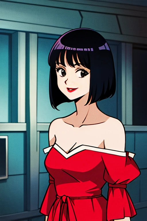 A Female with short black hair, bob cut, black eyes, Red lips, strapless, orange flamenco dress, shortsleeved orange ruffle off the shoulder top, black maxi skirt, bare shoulders, standing in a indoor room in style of digital illustration, anime, 1 girl, solo, upper body, smile, looking at viewer