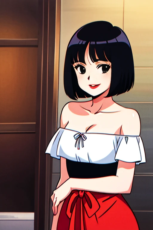 A Female with short black hair, bob cut, black eyes, Red lips, strapless, orange flamenco dress, shortsleeved orange ruffle off the shoulder top, black maxi skirt, bare shoulders, standing in a indoor room in style of digital illustration, anime, 1 girl, solo, upper body, smile, looking at viewer