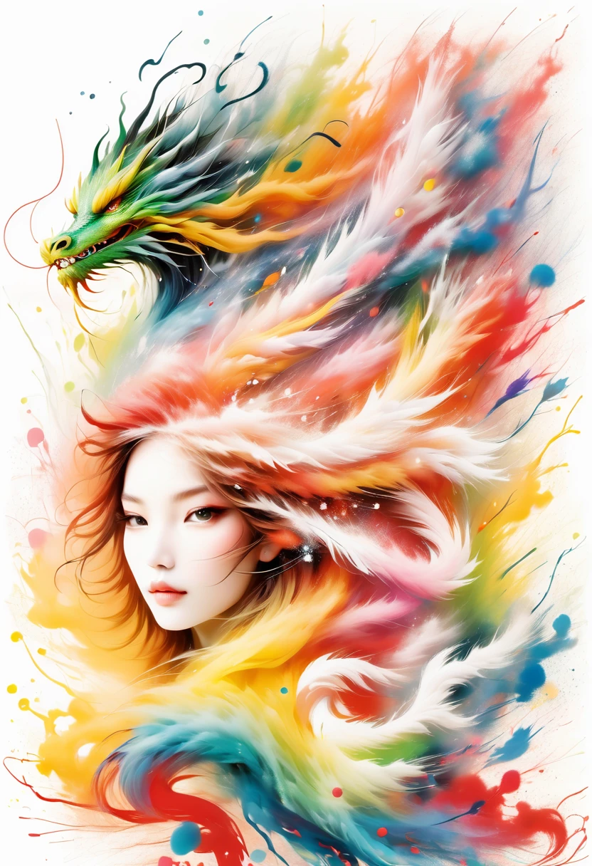 scribble art,ink splatter,wild and unrestrained,splash ink painting,Abstractionism,colorful,Blurry dreams,Dynamic energy,release creation,visual impact,modern aesthetic,Elegant and simple,Contemporary interpretation,Be bold,White background,Lots of white space,masterpiece, Best quality ultra-realistic mix fantasy,(1 Eastern Dragon:1.3) Behind an Asian woman holding a glowing sword,