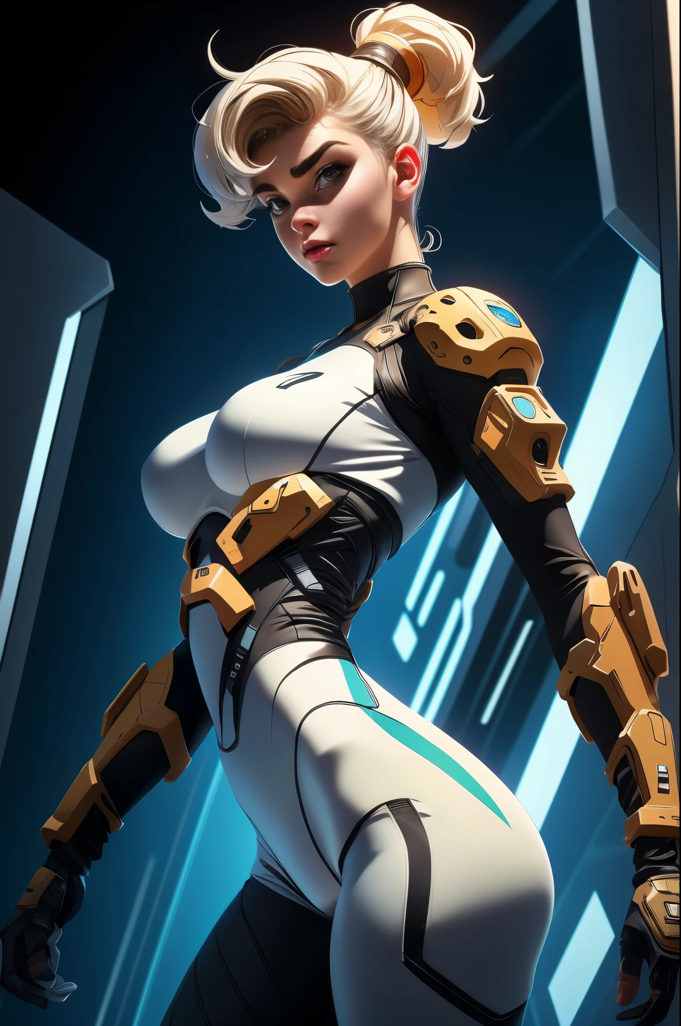 Cybernetics, action movie protagonist, Stefania Ferrario as a female warrior, wearing a white swinsuit armored cyberpunk, Perfect body, parted lips, big , big booty, cyberspace, repeating patterns, unreal, sound waves, free melody, digital world, reflection, masterpiece, 32k UHD resolution, high quality, professional photography, depth of filed, sci-fi, cinematic angle, cinematic lights, dynamic warrior pose --ar 3:4 --v 5. 2