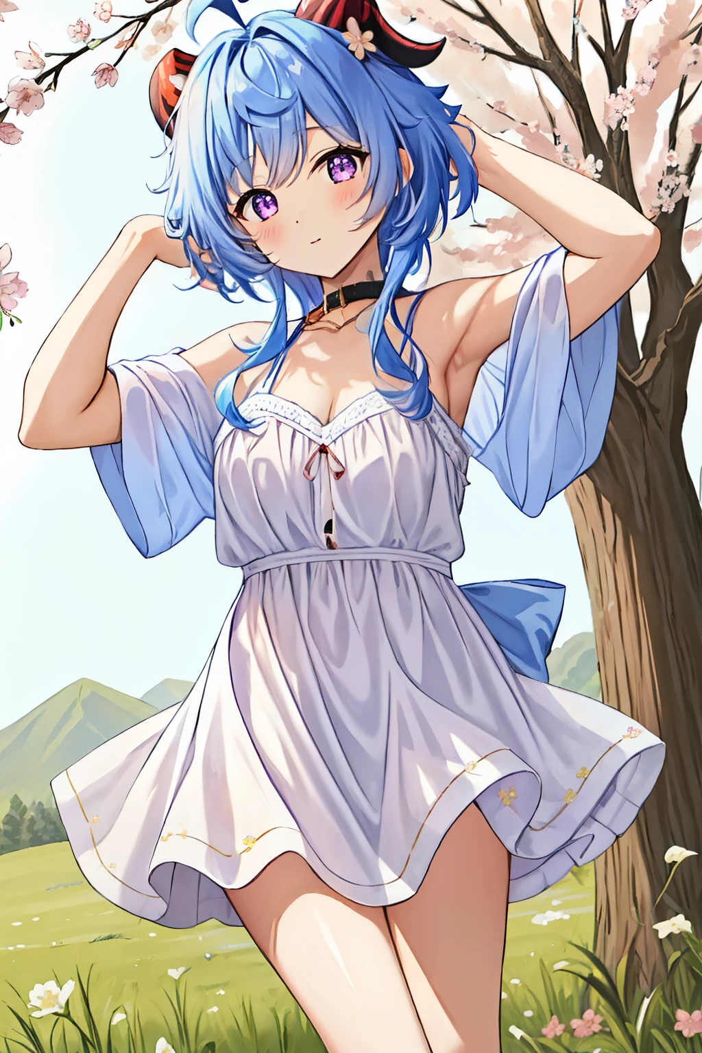 blue_hair, long_hair, bangs, horns, purple_eyes, ahoge,,1girl,solo,short hair, off shoulder, collar bone, look at viewer, perfect fingers, armpit peek, Beautiful flowers bloom, (sparkles), (There is a blooming sakura)，standing under a tree, (head looking up), Look at the tree, Natural soft light, macaron, Still ethereal, Crisp and smooth lines, radiant morning light, soft luminescent glow, camisole