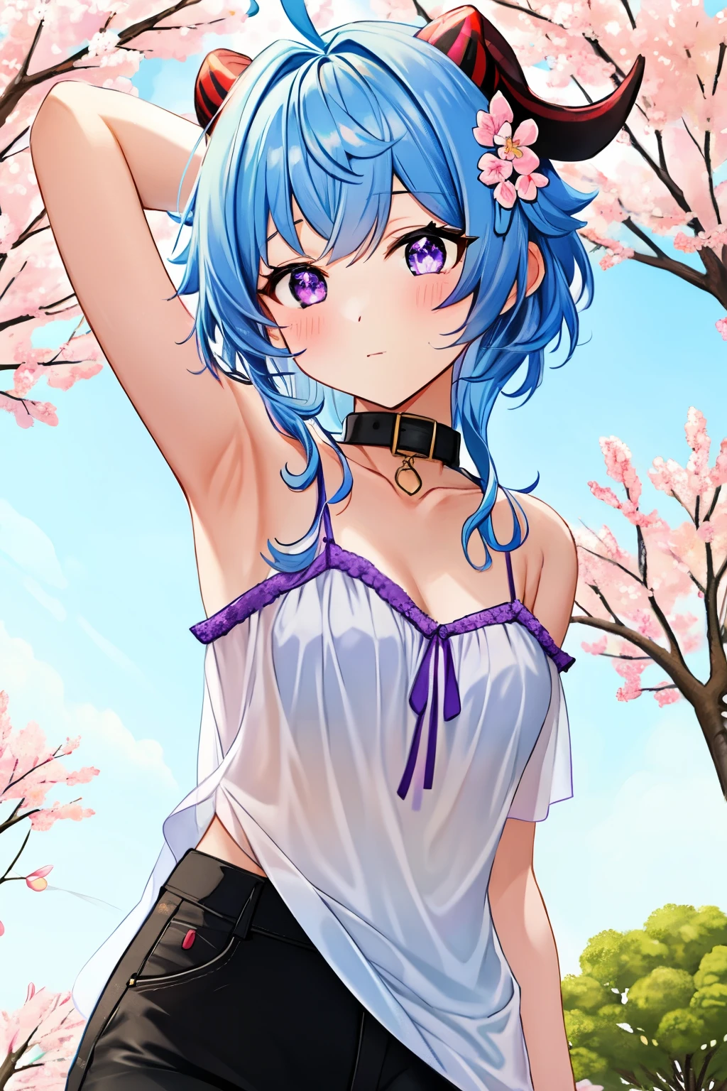 blue_hair, long_hair, bangs, horns, purple_eyes, ahoge,,1girl,solo,short hair, off shoulder, collar bone, look at viewer, perfect fingers, armpit peek, Beautiful flowers bloom, (sparkles), (There is a blooming sakura)，standing under a tree, (head looking up), Look at the tree, Natural soft light, macaron, Still ethereal, Crisp and smooth lines, radiant morning light, soft luminescent glow, camisole