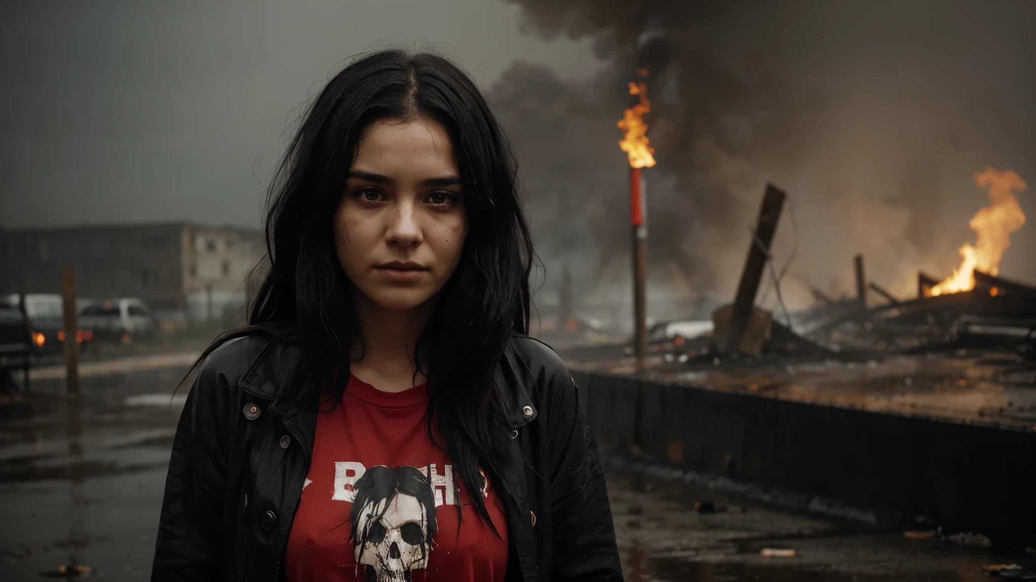 A 27-year-old girl with black and disheveled hair and gray and death-like eyes with a scar on her right cheek in the rain and walking across a burning fire in a red shirt
