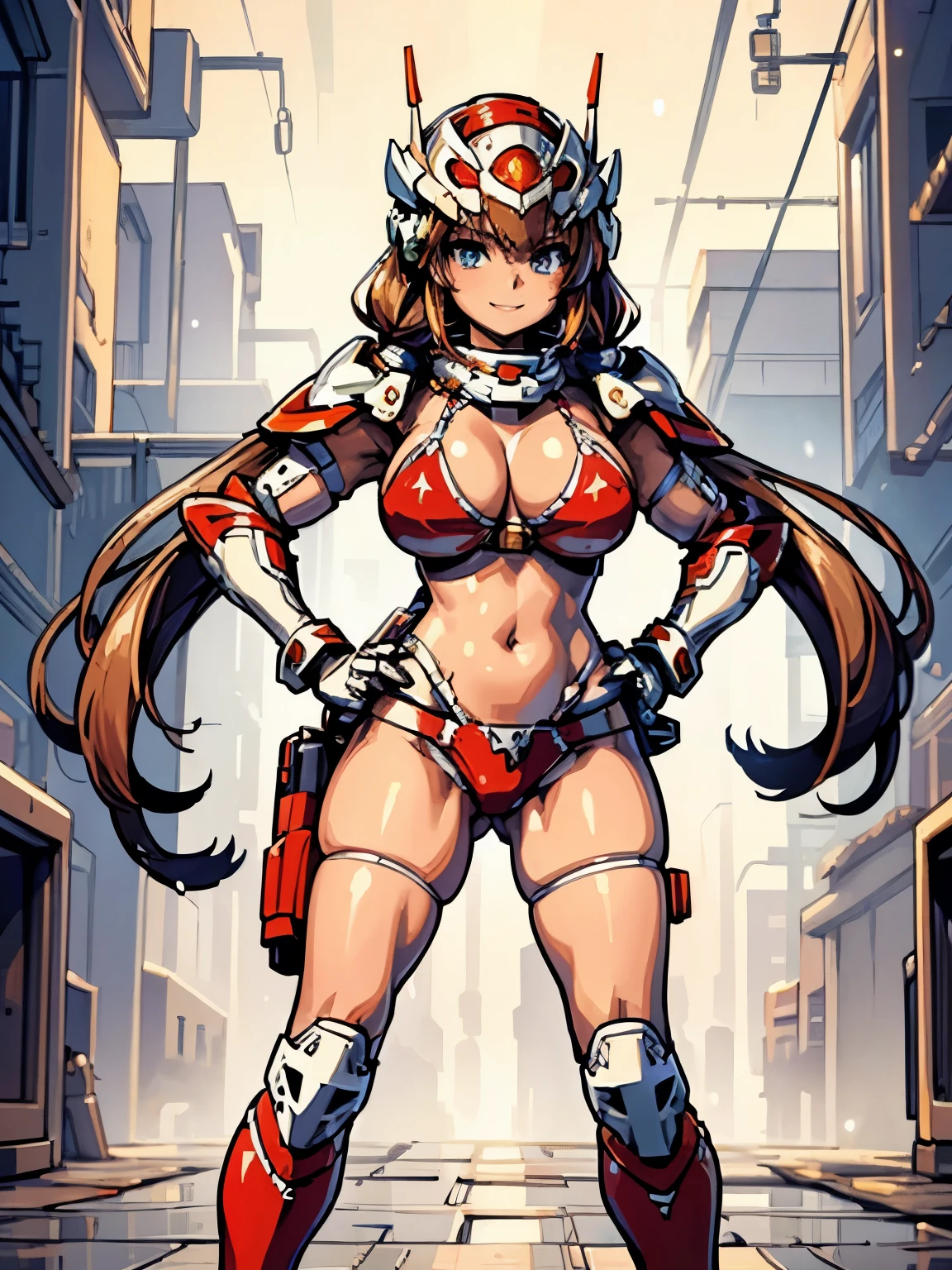 masterpiece, best quality, ultra detailed, 1girl, solo, PixelArt, pixel, 16Bits, 31bits, ultra detailed face, (head shot:1.5), face close-up, short smile, light brown low twintails hair with bangs, ivory and red bikini armor and helmet, long boots and gloves, hands on hips pose, wet skin, solarpunk town at night, heavy rain