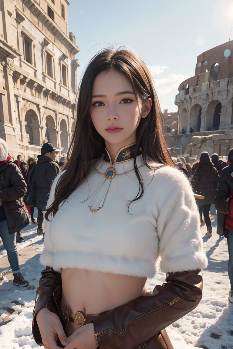 (RAW photo, highest quality), (realistic, photo-realistic:1.3),highest quality,very detailed,masterpiece,super detailed,figure,1 girl,duo,belly button,(Castel Sant'Angelo in Rome,crowd,winter,snow),upper_body,dynamic angle,world masterpiece theater,Messy_length_hair,highest quality,very detailed CG Unity 8k 壁紙,ink,wonderful,cinematic lighting,lens_flare,,Dunhuang_style、iron collar、Put your hands behind your back、