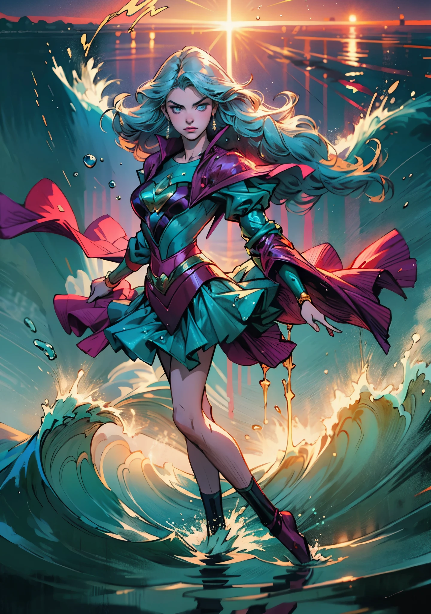 A beautiful woman with cascading waves of aqua-blue long hair, exquisite facial features, a melancholic expression, delicate and bright eyes, skin as smooth and radiant as polished jade, her slender and graceful figure dances like water splashes in the wind, a splendid fantasy-style islander ethnic costume, a short skirt resembling ocean waves, her slender legs leap lightly above the water surface, surrounded by splashing droplets that dance in the air, this character embodies a finely crafted fantasy-style female dancer in anime style, exquisite and mature manga art style, high definition, best quality, highres, ultra-detailed, ultra-fine painting, extremely delicate, professional, anatomically correct, symmetrical face, extremely detailed eyes and face, high quality eyes, creativity, RAW photo, UHD, 8k, Natural light, cinematic lighting, masterpiece-anatomy-perfect, masterpiece:1.5