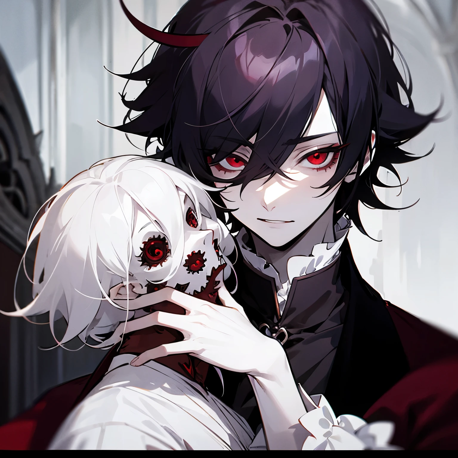 anime male, house, pale skin, demon, red eyes, shy, in love, prince, gothic fashion