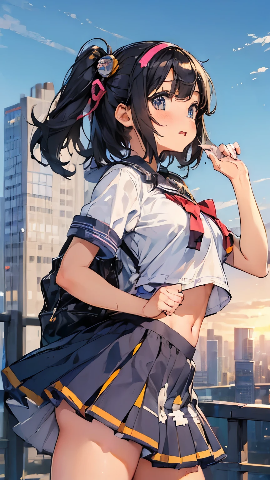 Absurd, Highest resolution, ((Fashionable city: 1.8)), Low angle, (Depicts the background in great detail), BREAK, ((Cute high school girl: 1.8)), Raising her hand, (Navel visible) , dark blue uniform, short black hair, ribbon, miniskirt, sneakers