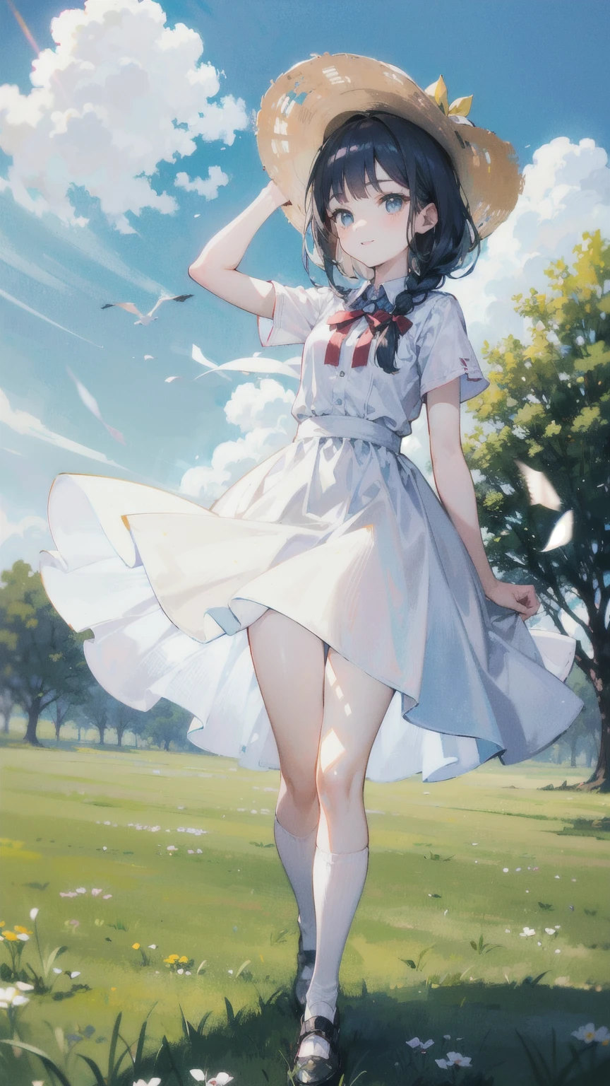 （Film portrait photography，photograph，Beautiful two-dimensional wallpapers）（Soft professional lighting，35mm film，Photographing distant views：1.3）（15-year-old cute loli looks into the distance：1.6，Wearing a long white dress blown by the wind，Refined waist-hip ratio：1.6，White and long legs：1.3，Smile，small red lips：1.4，Wearing a bow and sun hat：1.4，cute white socks:1.3，French bangs:1.4，Double braid：1.2，Standing on the sloped lawn in the distance with hands behind your back：1.6）（A flock of flying swallows：1.5，White clouds and blue sky：1.3，The picture is very neat ：1.5）