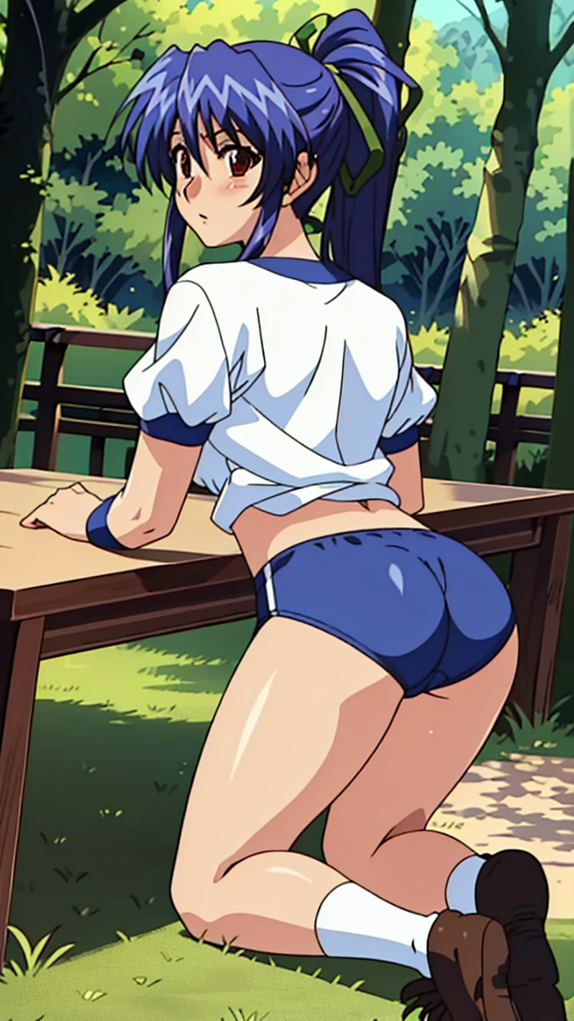((table top, highest quality, High resolution, nffsw, perfect pixel, 4K, nffsw, nffsw))), 1 girl, single, alone, Beautiful woman、I could see the whole body、 ((ponytail, bangs, blue hair)), ((brown eyes, beautiful eyelashes, realistic eyes)), ((detailed face, blush:1.2)), ((smooth texture:0.75, realistic texture:0.65, realistic:1.1, Anime CG style)), medium breasts, ((full body backward shot))、 perfect body、 Cute ass、((White short-sleeved gym clothes with navy blue cuffs))、((navy blue bloomers))、((barefoot、dark blue socks))、(sports boots)、(((Clothes Combing)))、((cute bra))、surprised expression、((in the forest))、((look back))、Show your ass