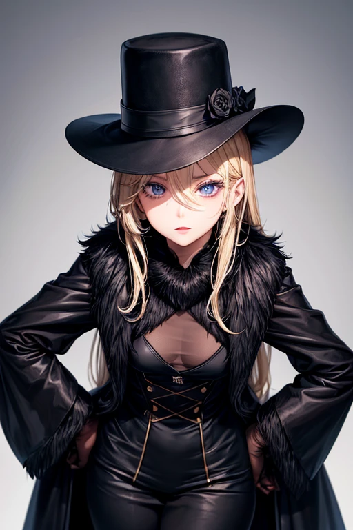 Black Russian hat、black mink long coat、black gloves、black boots、blonde、eyes are black、detailed、long eyelashes、slender body、Healthy lips、intense eye highlights、small breasts、Russian style