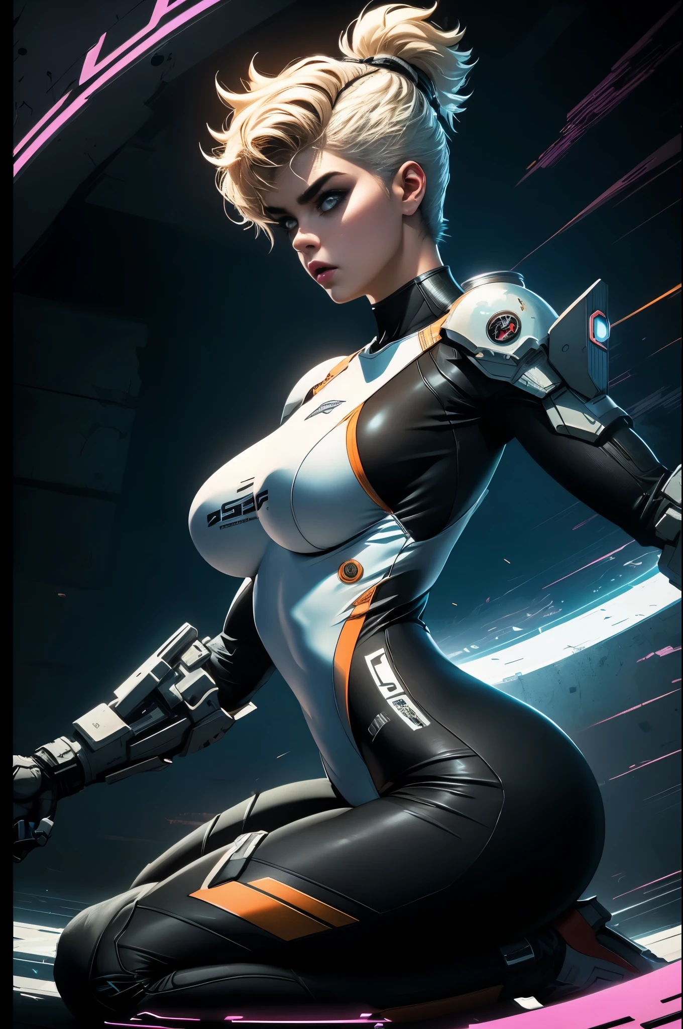 Cybernetics, action movie protagonist, Stefania Ferrario as a female warrior, wearing a white swinsuit armored cyberpunk, Perfect body, parted lips, big , big booty, cyberspace, repeating patterns, unreal, sound waves, free melody, digital world, reflection, masterpiece, 32k UHD resolution, high quality, professional photography, depth of filed, sci-fi, cinematic angle, cinematic lights, dynamic warrior pose --ar 3:4 --v 5. 2