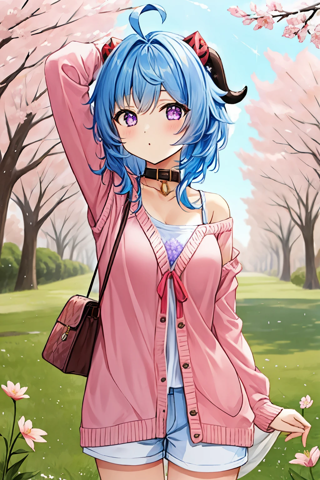 blue_hair, long_hair, bangs, horns, purple_eyes, ahoge,,1girl,solo,short hair, off shoulder, collar bone, look at viewer, perfect fingers, armpit peek, Beautiful flowers bloom, (sparkles), (There is a blooming sakura)，standing under a tree, (head looking up), Look at the tree, Natural soft light, macaron, Still ethereal, Crisp and smooth lines, radiant morning light, soft luminescent glow, casual clothes, cardigan, eyes closed