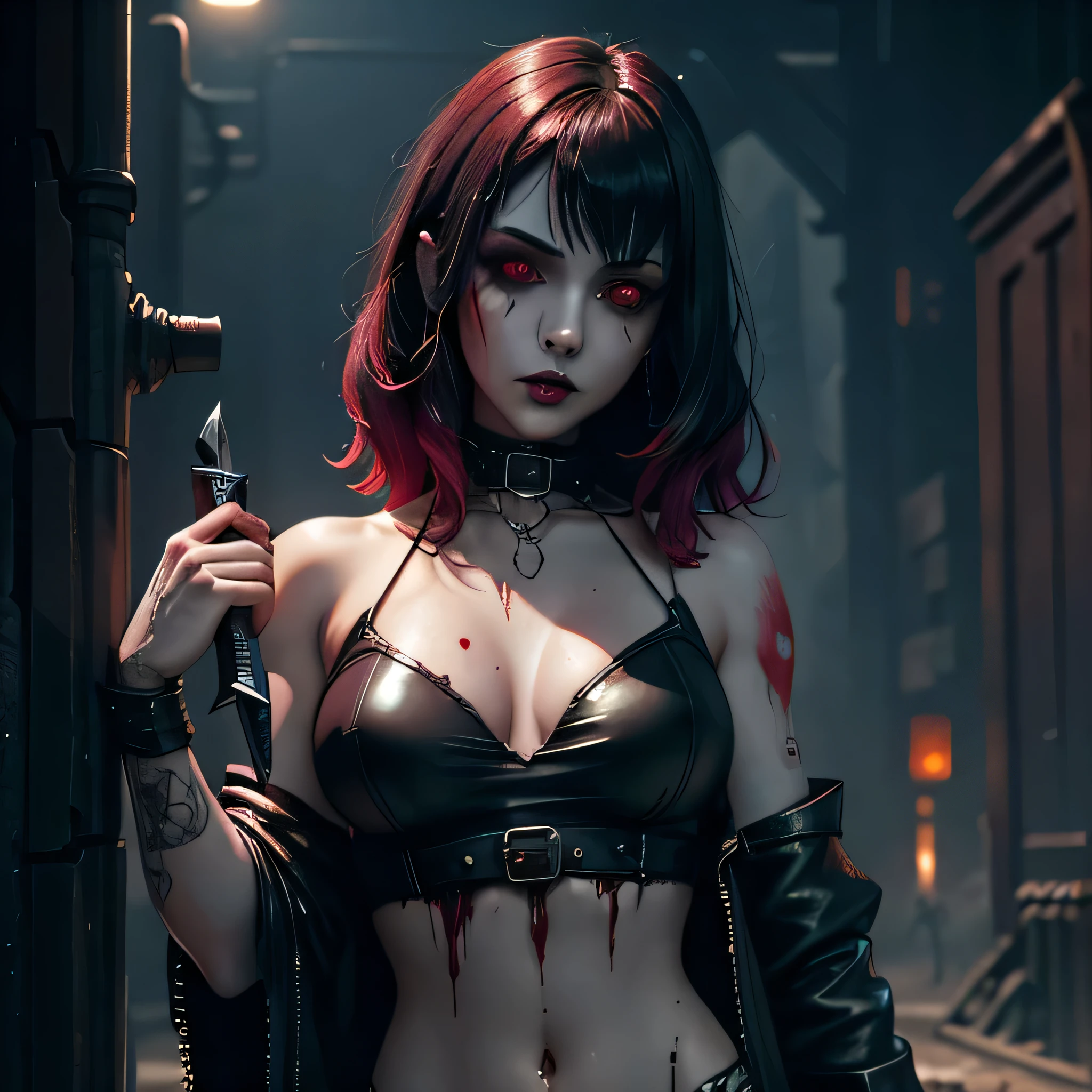 1girl, heavy goth makeup, fantasy character, cyberpunk horror, dark fantasy, navel, gothic mage, dark red eyes, bloody eyes, wounded, dripping blood, bloody knife, bloody leather top, leather pants