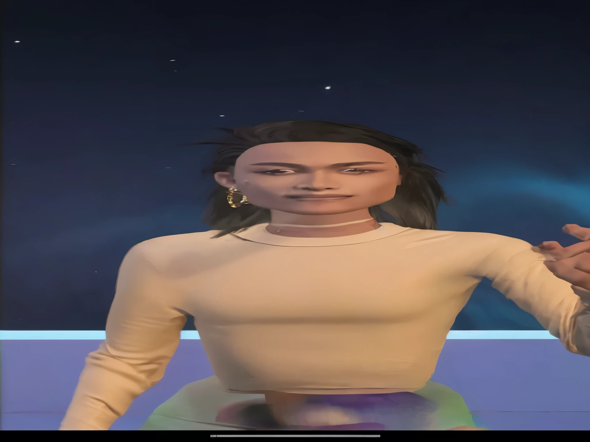 A young attractive androgynous woman wearing a cream color long-sleeve top, and high-rise holographic leggings, background has a window that depicts a night sky.