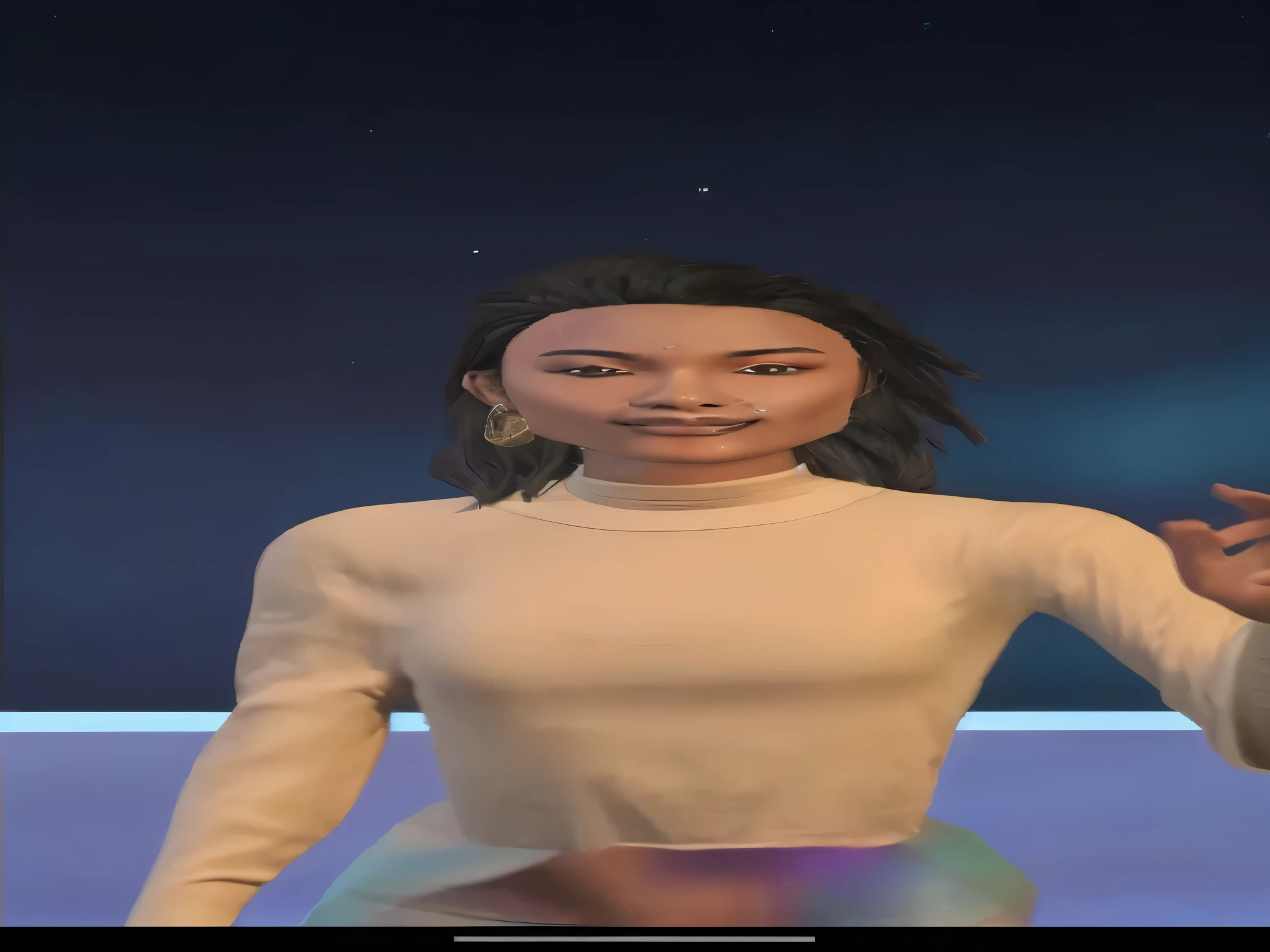 A young attractive androgynous woman wearing a cream color long-sleeve top, and high-rise holographic leggings, background has a window that depicts a night sky.