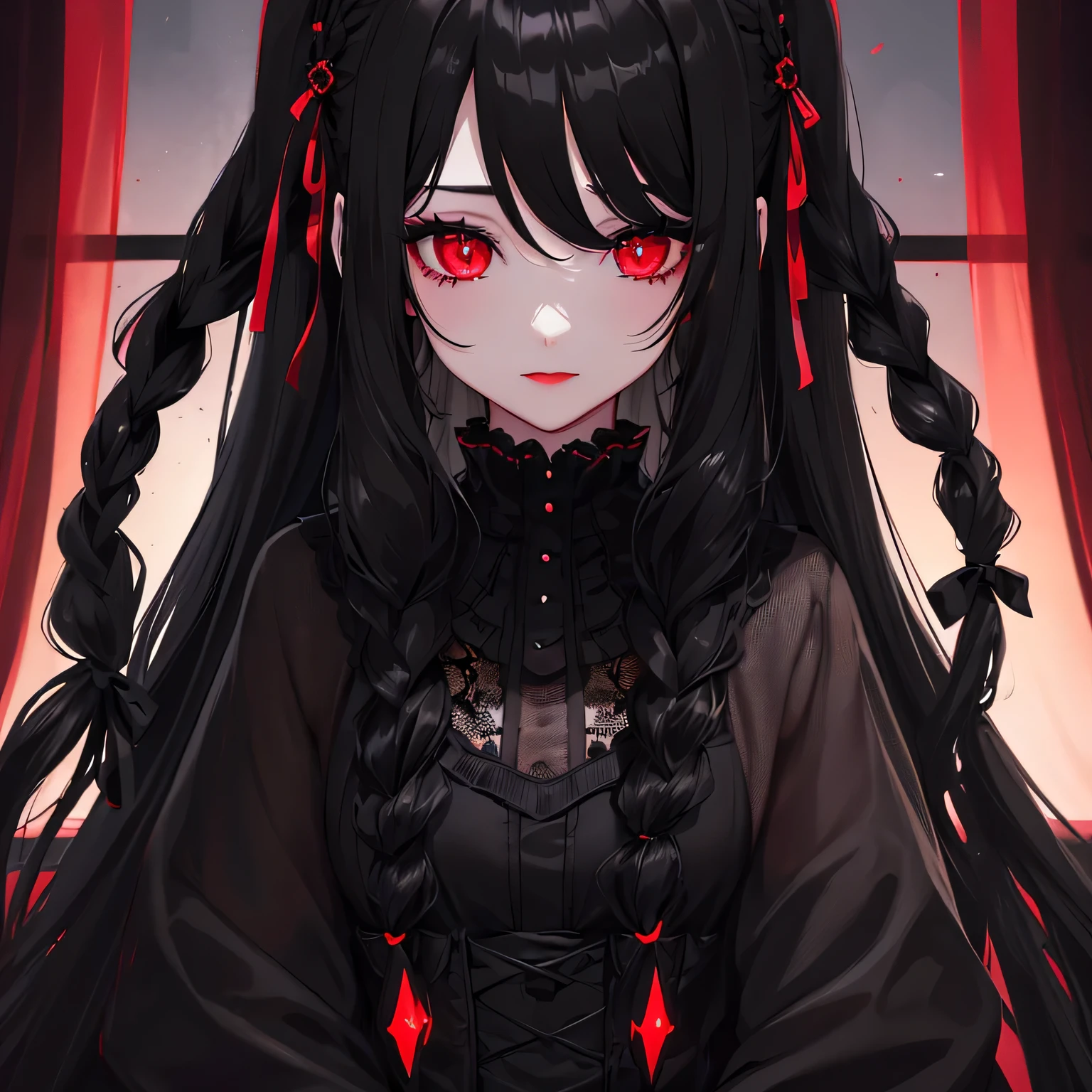 1 girl,Depp's Sense,confused,catch light,Super beautiful illustration,(black color,long hairstyles:1.6),dark dark eyeshadow,bright red lipstick,Gothic Lolita,;d,beautiful and delicate hair,delicate and detailed red eyes,red light effect,look around