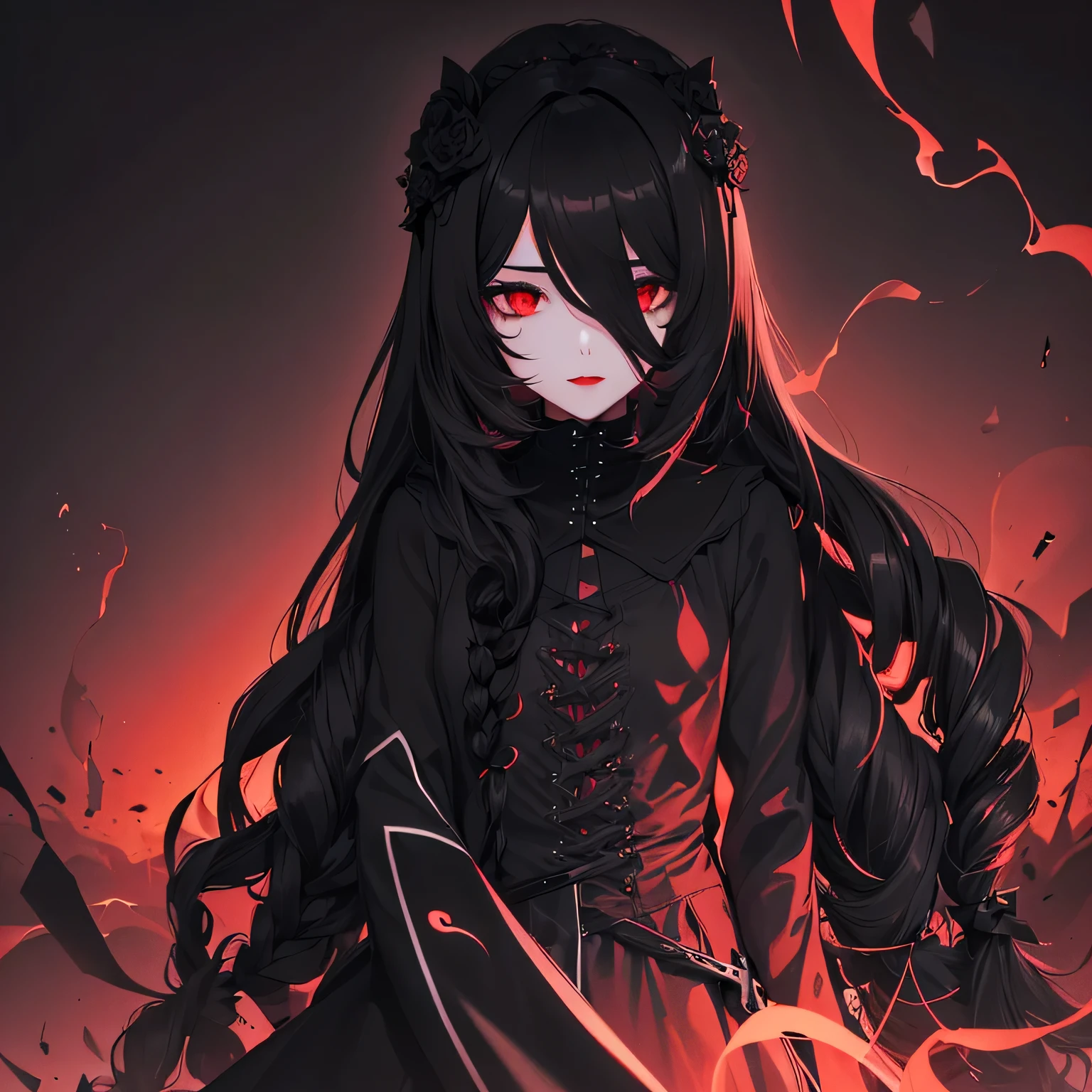 1 girl,Depp's Sense,confused,catch light,Super beautiful illustration,(black color,long hairstyles:1.6),dark dark eyeshadow,bright red lipstick,Gothic Lolita,;d,beautiful and delicate hair,delicate and detailed red eyes,red light effect,look around