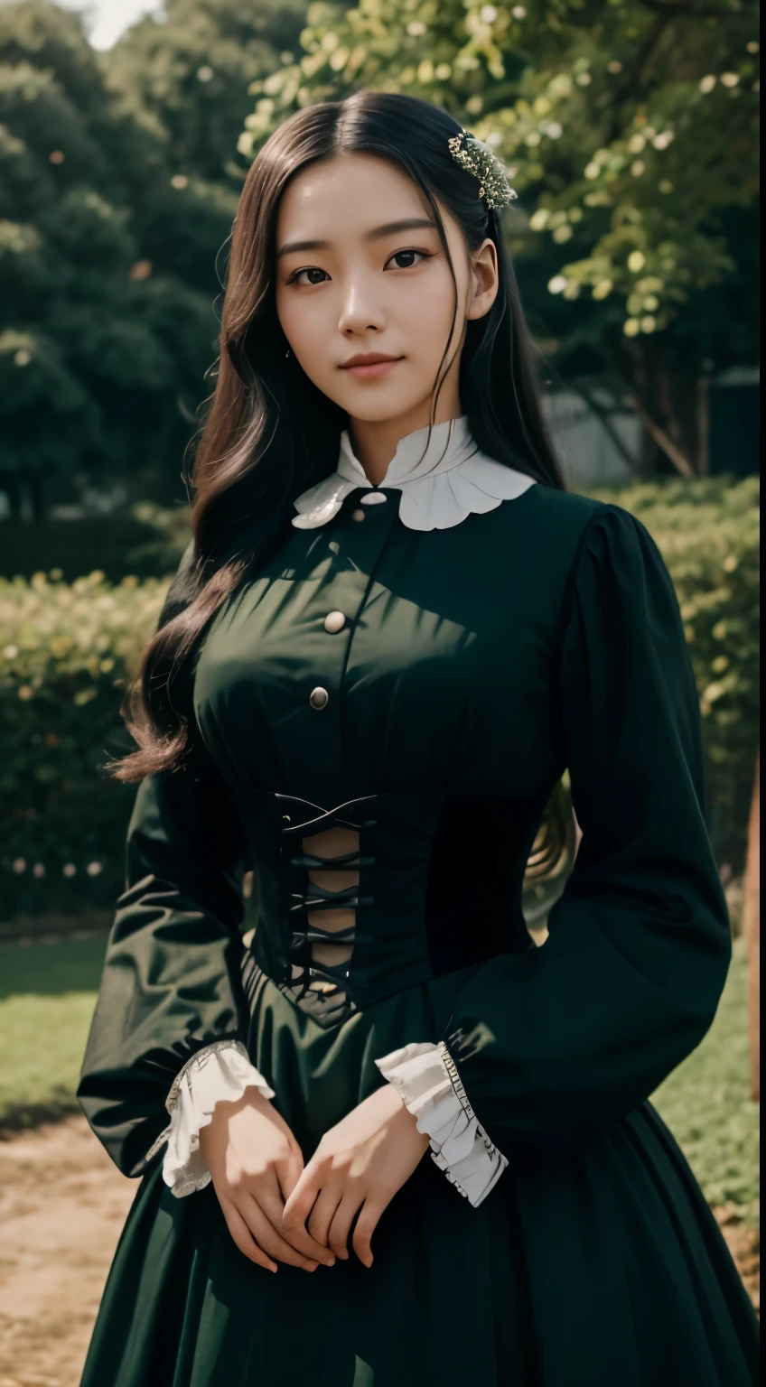Foto hiperrealista en primer plano de Kim Joo (Korean girl),Create dystopian masterpieces, victorian era clothing, rich dress, wearing a Victorian-era dress with long-sleeves, green dress, garden, cinematic light, beautiful woman, skinny skinny, large breasts, black long hair, detailed face, smile, facing the camera, photo taken from a distance, age of 25 years old