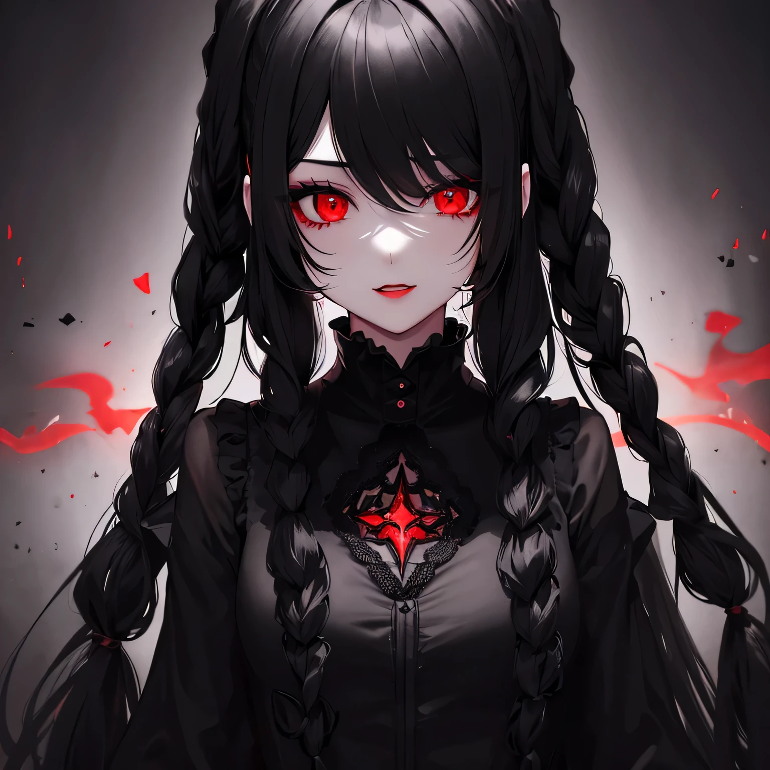 1 girl,Depp's Sense,confused,catch light,Super beautiful illustration,(black color,long hairstyles:1.6),dark dark eyeshadow,bright red lipstick,Gothic ta,;d,beautiful and delicate hair,delicate and detailed red eyes,red light effect,inflammation