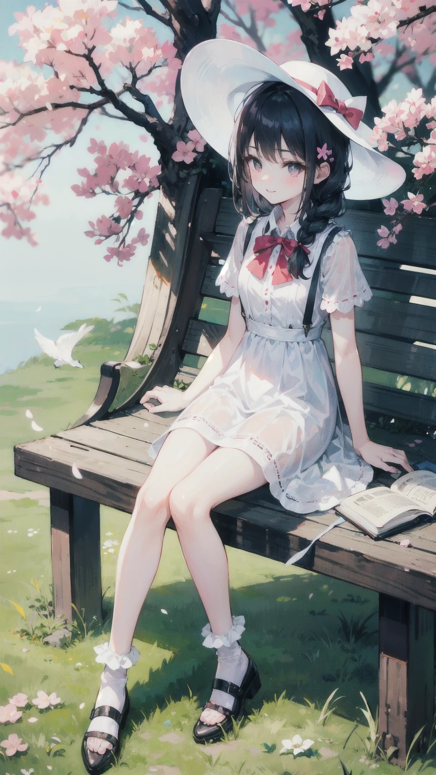 (Film portrait photography,portrait,Beautiful two-dimensional wallpapers)(Soft professional lighting,Private photos,35mm film,Vision:1.3)(Side view of a 15-year-old cute girl:1.6,Wearing a long white dress with suspenders,Refined waist-hip ratio:1.6,White and long legs:1.3,Smile,small red lips:1.4,Wearing a bow and sun hat:1.4,cute white socks:1.3,French bangs:1.4,Double braid:1.2)(Sitting under the cherry blossom tree with legs crossed and reading a book:1.5,grassland,The picture is very neat :1.5)