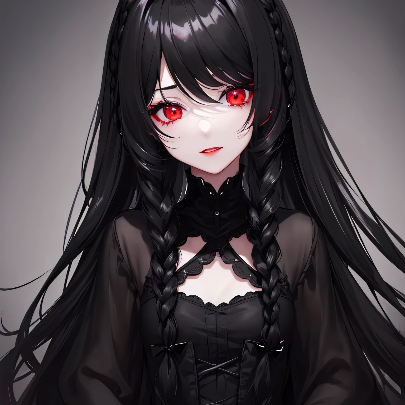 1 girl,Depp's Sense,confused,catch light,Super beautiful illustration,(black color,long hairstyles:1.6),dark dark eyeshadow,bright red lipstick,Gothic Lolita,;d,beautiful and delicate hair,delicate and detailed red eyes,red light effect,inflammation