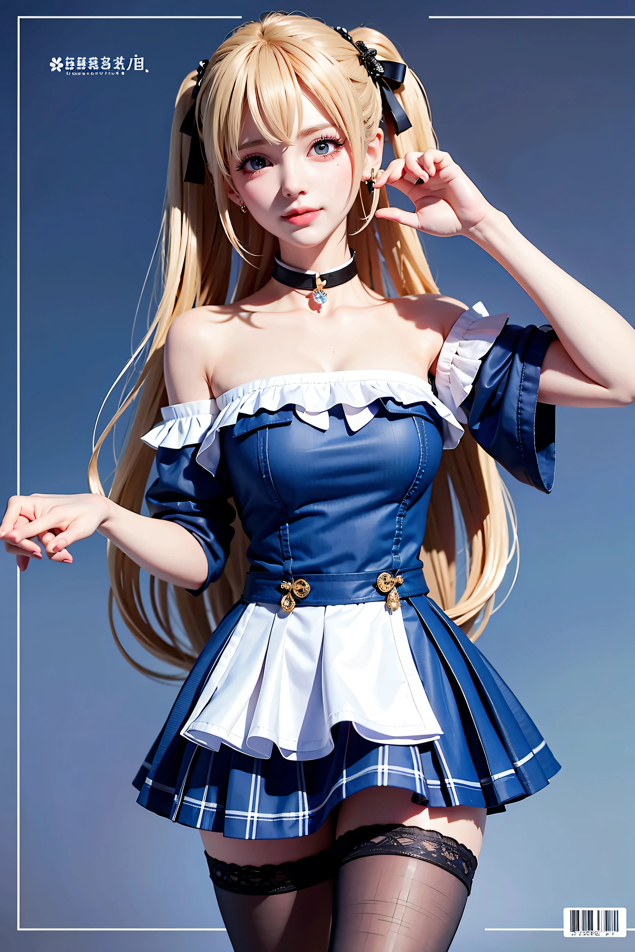 Masterpiece, Superb Style, Full Body, 1Girl, Bangs, Black Choker, Black Tie, Blonde Hair, Blue Skirt, Blush, Bracelet, Beautiful Breasts, Choker, Waist Dress, Collarbone, Collared Shirt, Denim Photos, Dress Shirt, Ear Piercings, Eyebrows Visible Through Hair, Gradient Hair, Grin, Gyaru, Jewelry, Kogal, Long Hair, Looking at the Audience, Loose Tie, Tie, Piercing, Plaid Skirt, Plaid Skirt, Pleated Skirt, Red Eyes, Ring, School Uniform, Shirt, Skirt, Smile, solo, white shirt, street, sky, cherry blossoms, petals, illustration, (magazine: 1.3), (cover style: 1.3), fashion, woman, vibrant, attire, pose, front, colorful, dynamic, background, element, confident, expressive, hold, statement, attachment, majestic, coiled, around, touch, scene, text, cover, bold, eye-catching, title, fashion, font, catchy, title, bigger, eye-catching, modern, stylish, focused, stylish, black stockings