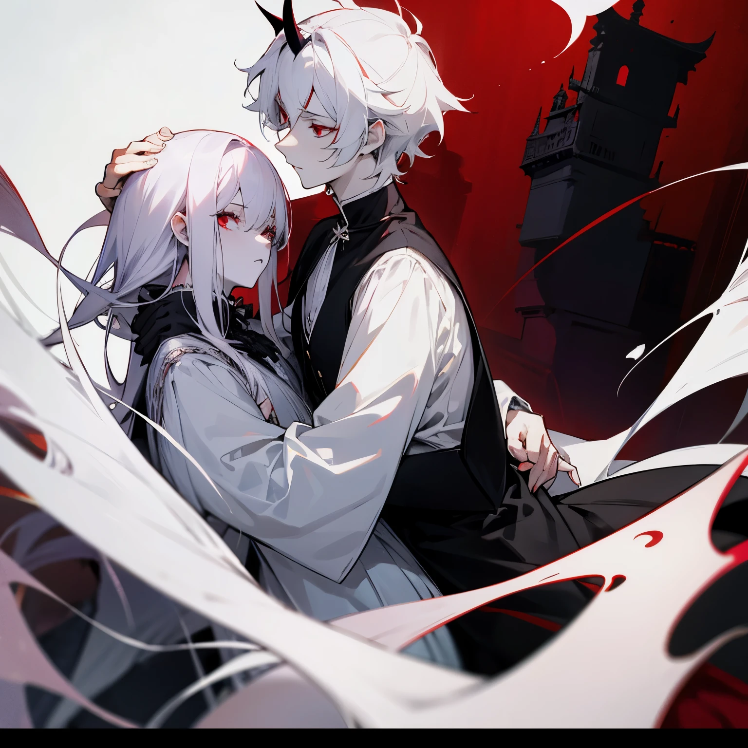 anime male, house, pale skin, demon, red eyes, shy, in love, prince, gothic fashion