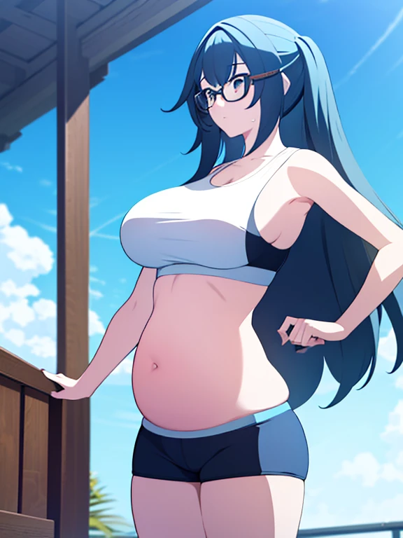 (Very high quality, detailed) A full body image of a pregnant girl wearing a sports bra, very thight shorts and glasses, she's standing barefoot and has very big breasts, long hair and a pretty thick body, her belly has cum on it