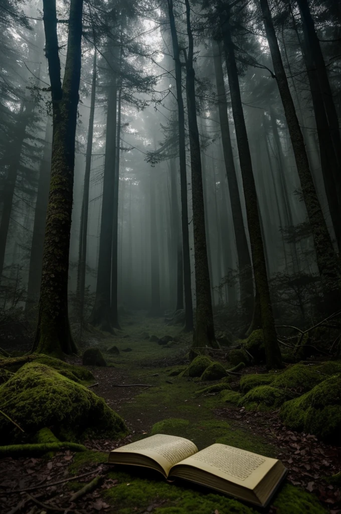 A dimly lit, mysterious forest with tall, twisted trees and shadows that seem to conceal secrets. In the foreground, there is an ancient, weathered book lying open on a moss-covered stone, surrounded by flickering candles. The moonlight filters through the dense canopy, casting an eerie glow on the scene. Within the pages of the open book, ghostly, ethereal figures and unsettling symbols emerge, hinting at the chilling stories waiting to be told. This haunting setting serves as the backdrop for your YouTube scary story channel logo, capturing the essence of mystery and suspense.