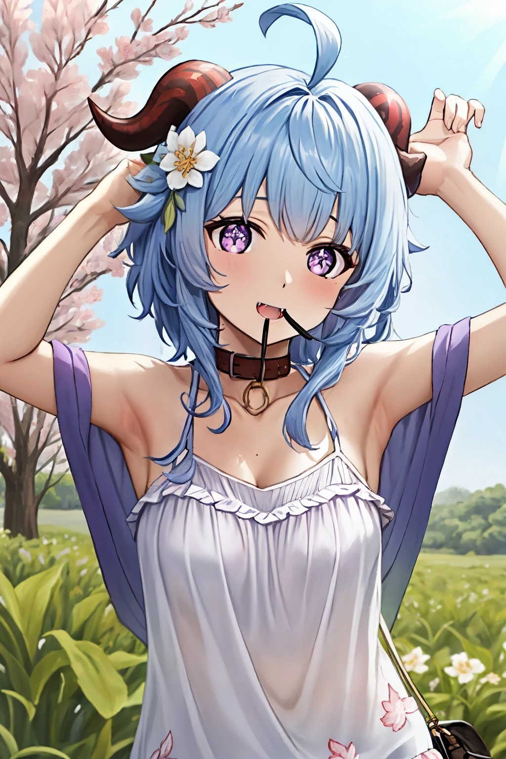 blue_hair, long_hair, bangs, horns, purple_eyes, ahoge,,1girl,solo,short hair, off shoulder, collar bone, look at viewer, perfect fingers, armpit peek, Beautiful flowers bloom, (sparkles), (There is a blooming sakura)，standing under a tree, (head looking up), Look at the tree, Natural soft light, macaron, Still ethereal, Crisp and smooth lines, radiant morning light, soft luminescent glow, camisole, mouth open, fangs