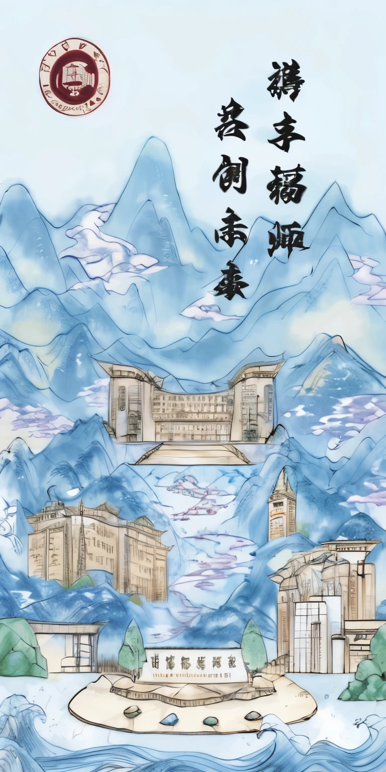 There is a map of the city,The background is mountains, Inspired by jiff machino, Inspired by Urakami Gyokudo, palace floating in the air, cyberpunk gunma prefecture, Inspired by Tawaraya Sotatsu, Katsushika Hokusai style, Inspired by Taketoshi Matsumura, gunma prefecture