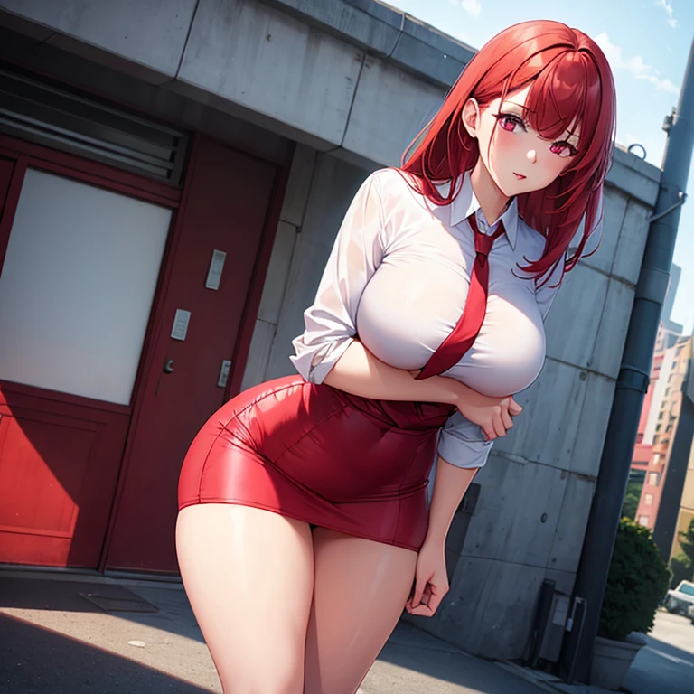 Girl, red hair, giant , tight clothes, using secretary clothes, overpass clothes, fat legs, pink eyes, red lips, aroused face