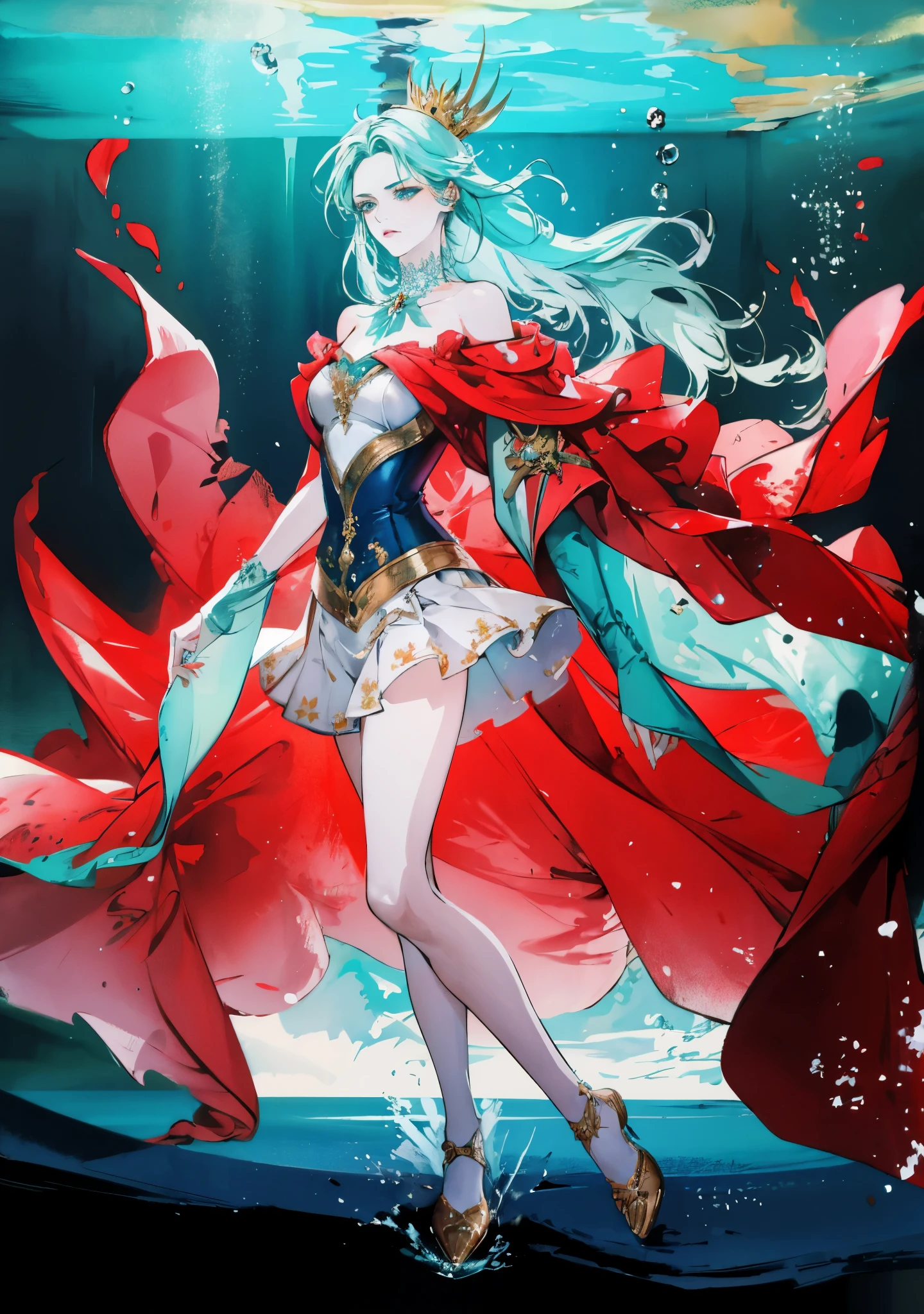 A beautiful woman with cascading waves of aqua-blue long hair, exquisite facial features, a melancholic expression, delicate and bright eyes, skin as smooth and radiant as polished jade, her slender and graceful figure dances like water splashes in the wind, a splendid fantasy-style islander ethnic costume, a short skirt resembling ocean waves, her slender legs leap lightly above the water surface, surrounded by splashing droplets that dance in the air, this character embodies a finely crafted fantasy-style female dancer in anime style, exquisite and mature manga art style, high definition, best quality, highres, ultra-detailed, ultra-fine painting, extremely delicate, professional, anatomically correct, symmetrical face, extremely detailed eyes and face, high quality eyes, creativity, RAW photo, UHD, 8k, Natural light, cinematic lighting, masterpiece-anatomy-perfect, masterpiece:1.5