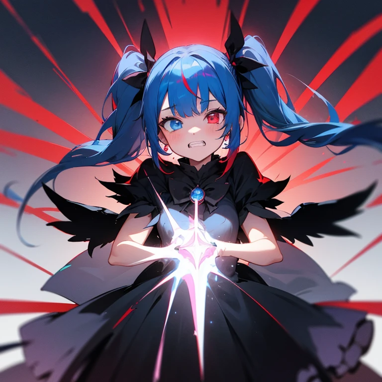 1girl, solo, long hair, looking at viewer, bangs, blue eyes, red eyes, gloves, dress, bow, twintails, jewelry, blue hair, red hair, wings, glowing, heterochromia, magical girl, clenched teeth, dual persona, black wings, dark persona, transformation, corruption, split theme