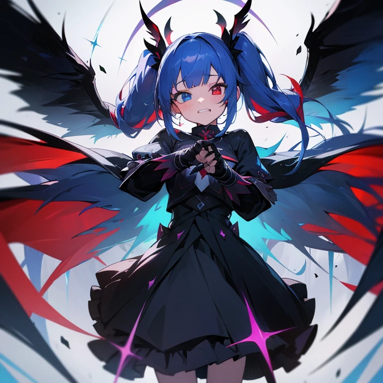 1girl, solo, long hair, looking at viewer, bangs, blue eyes, red eyes, gloves, dress, bow, twintails, jewelry, blue hair, red hair, wings, glowing, heterochromia, magical girl, clenched teeth, dual persona, black wings, dark persona, transformation, corruption, split theme