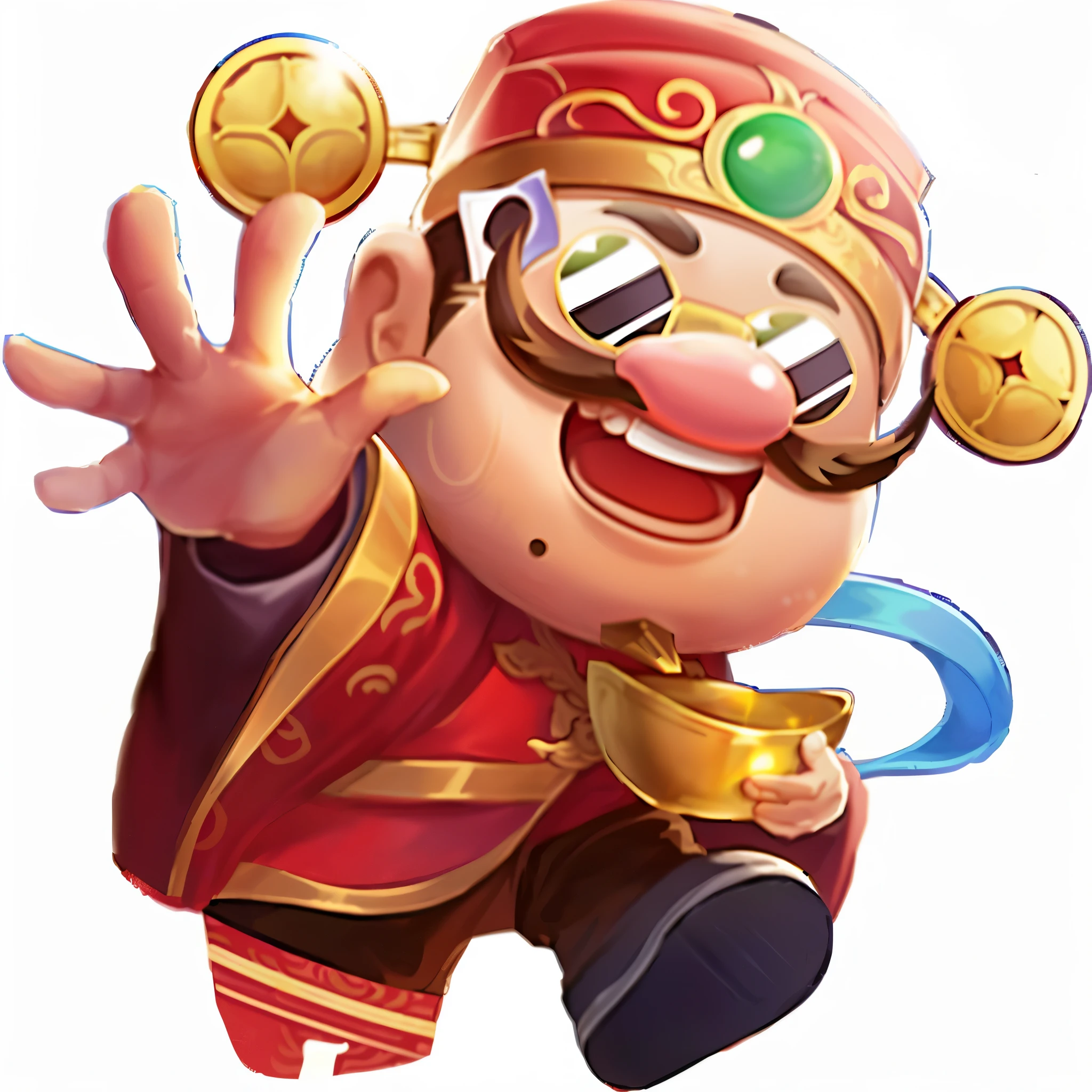 A cartoon character with a gold trophy and a red hat, god of wealth, Inspired by Hu Zaobin, Inspired by Puhua, Inspired by Huang Ding, official artwork, g liulian art style, Inspired by Li Kan, Inspired by Gong Xian, Inspired by Dong Yuan, Inspired by Huang Shen, high detailed official artwork, Inspired by Lu Guang, bian lian