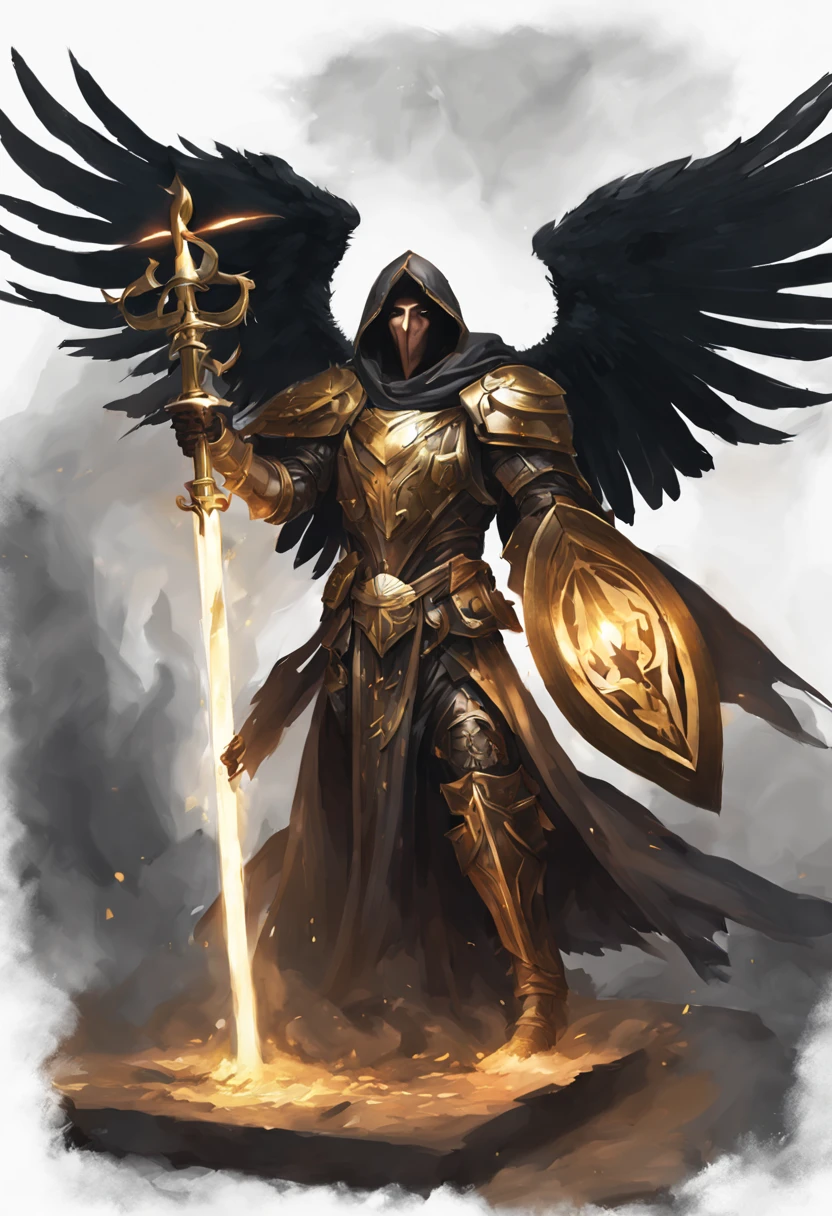 Dnd Protector Aasimar cleric of the grave domain: demigod son of thanatos flying with large angelic wings, wearing scale mail armor and a dark cloak over their head, and wielding a shield along with a magical inverted torch the size of a staff, they are  illuminating light in a dark background