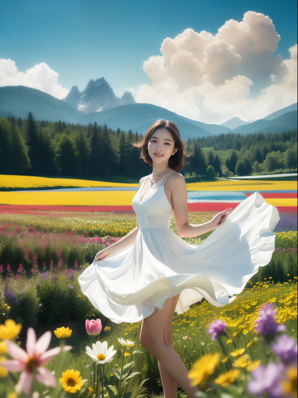 1girl, dynamic angle, cloud and mountain, (flower field:1.4) in the foreground, white dress, light tracing, (floating colorful wind:1) (photorealistic:1.4), official art, unity 8k wallpaper, ultra detailed, beautiful and aesthetic, masterpiece,best quality, glowing skin, cinematic lighting, light smile