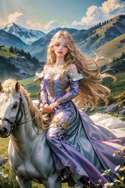 18 year old girl with long hair, Riding a white horse, grassland, wild flowers, snow mountain. Purple dress, pink ribbon on the chest, long blonde hair、green eyes