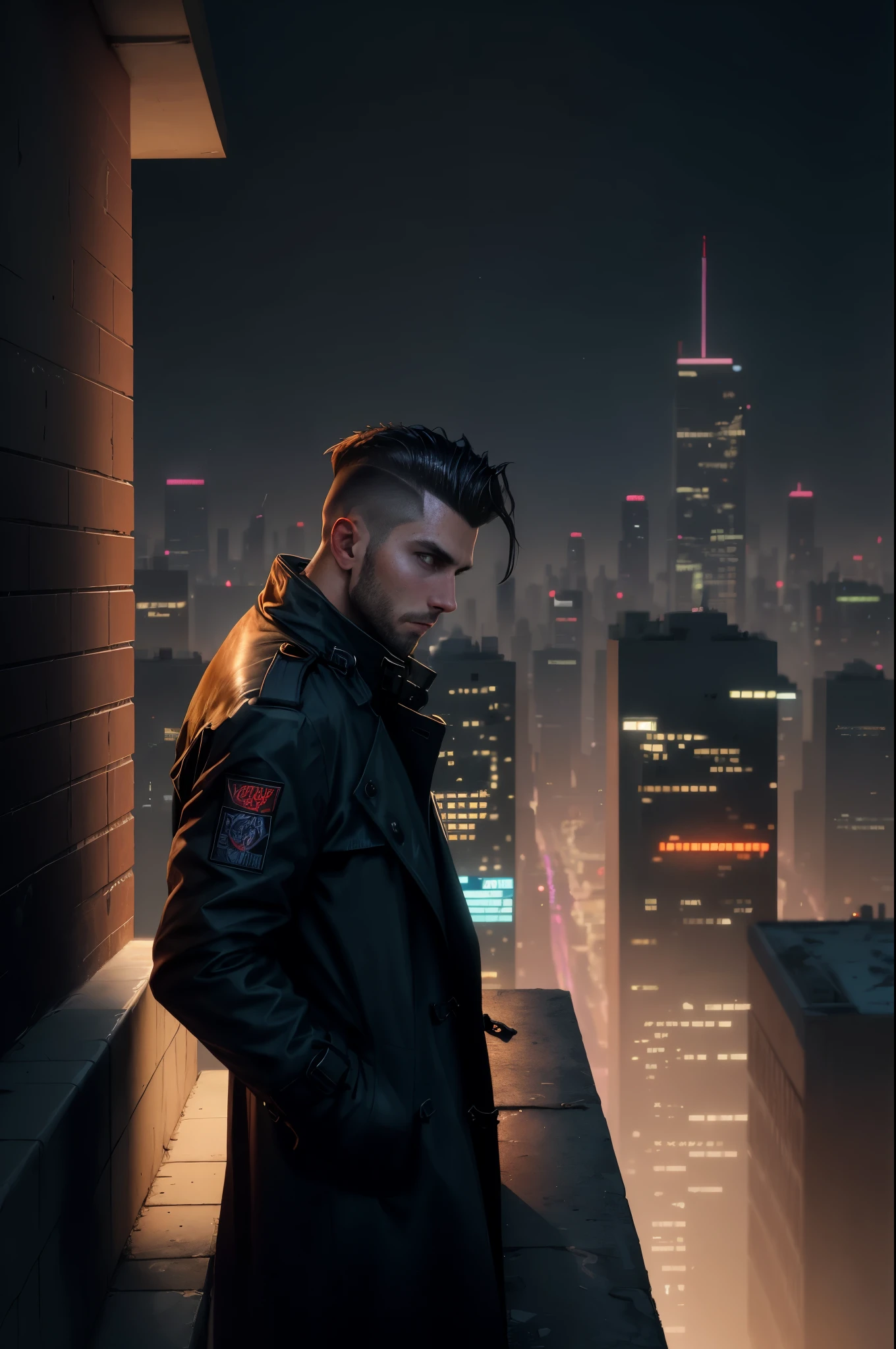 A man, 30 years old, hair shaved on the sides, wearing a dark trench coat with the collars turned up. He is leaning against the ledge of a building watching the night of the cyberpunk city below in the background.. Background cyberpunk make it realistic,8k,ultra,hd