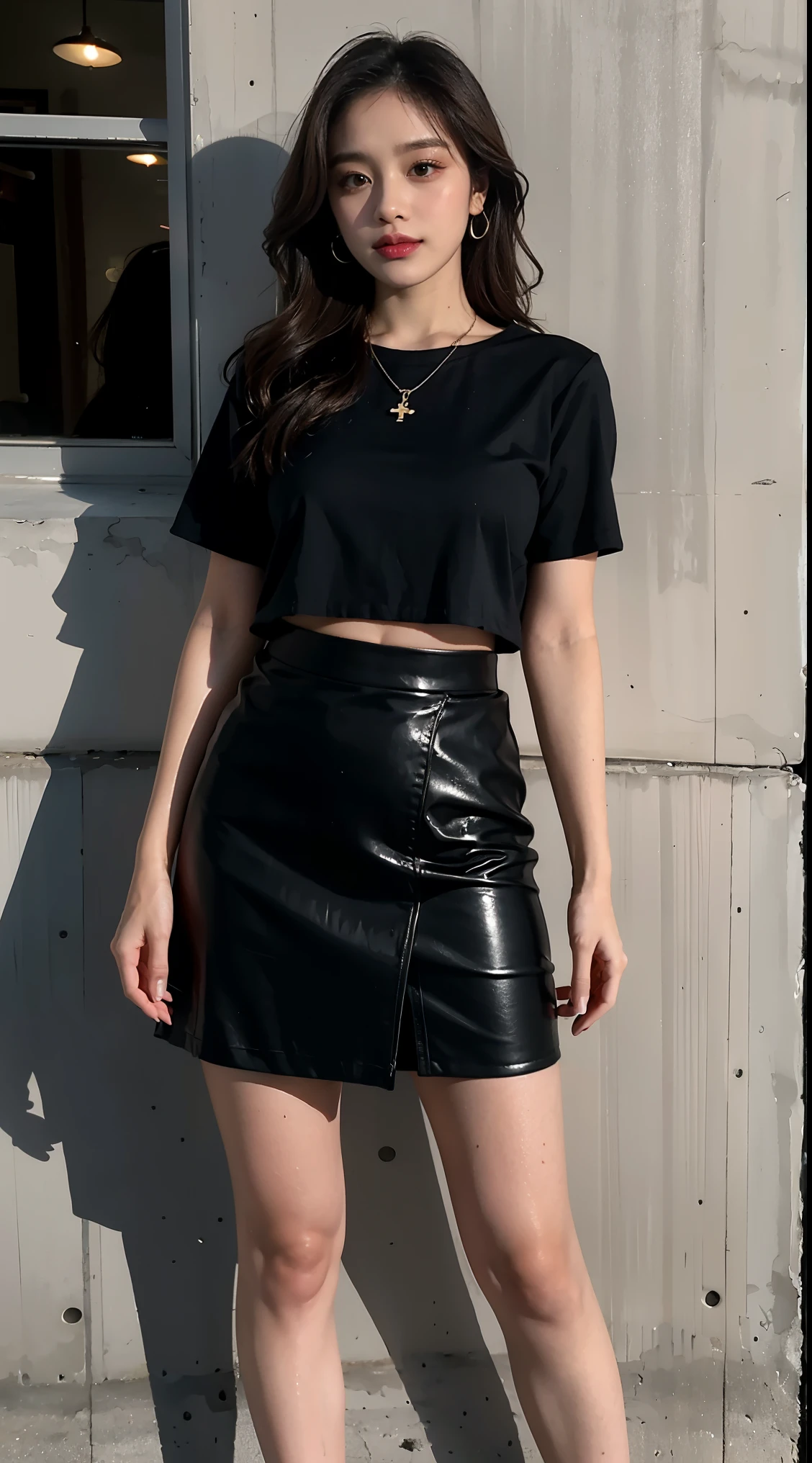 realistic, High resolution, 1 female, glowing skin, alone, jewelry, wide lips, long hair, closed mouth, hip up, shirt, black skirt, street wear,cute makeup,Idol