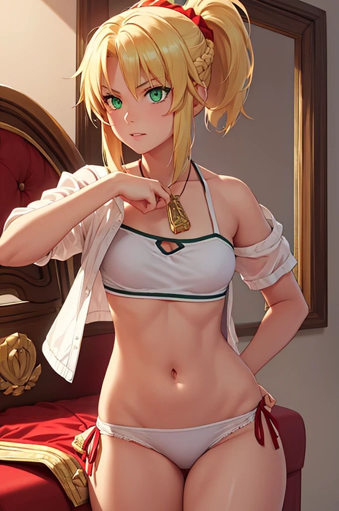 1 girl, fgomordred, modred, (green eyes:1.5), blonde hair, ponytail, short hair, scrunchie, red scrunchie, hair scrunchie, (small chest:1.2), BREAK blonde hair, white camisole,camisole, stading, BREAK looking at viewer, BREAK bedroom, BREAK (masterpiece:1.2), best quality, high resolution , unity 8k wallpaper, (artwork: 0.8), (beautiful detailed eyes: 1.6), extremely detailed face, perfect lighting, extremely detailed CG (perfect hands, perfect anatomy),camisole