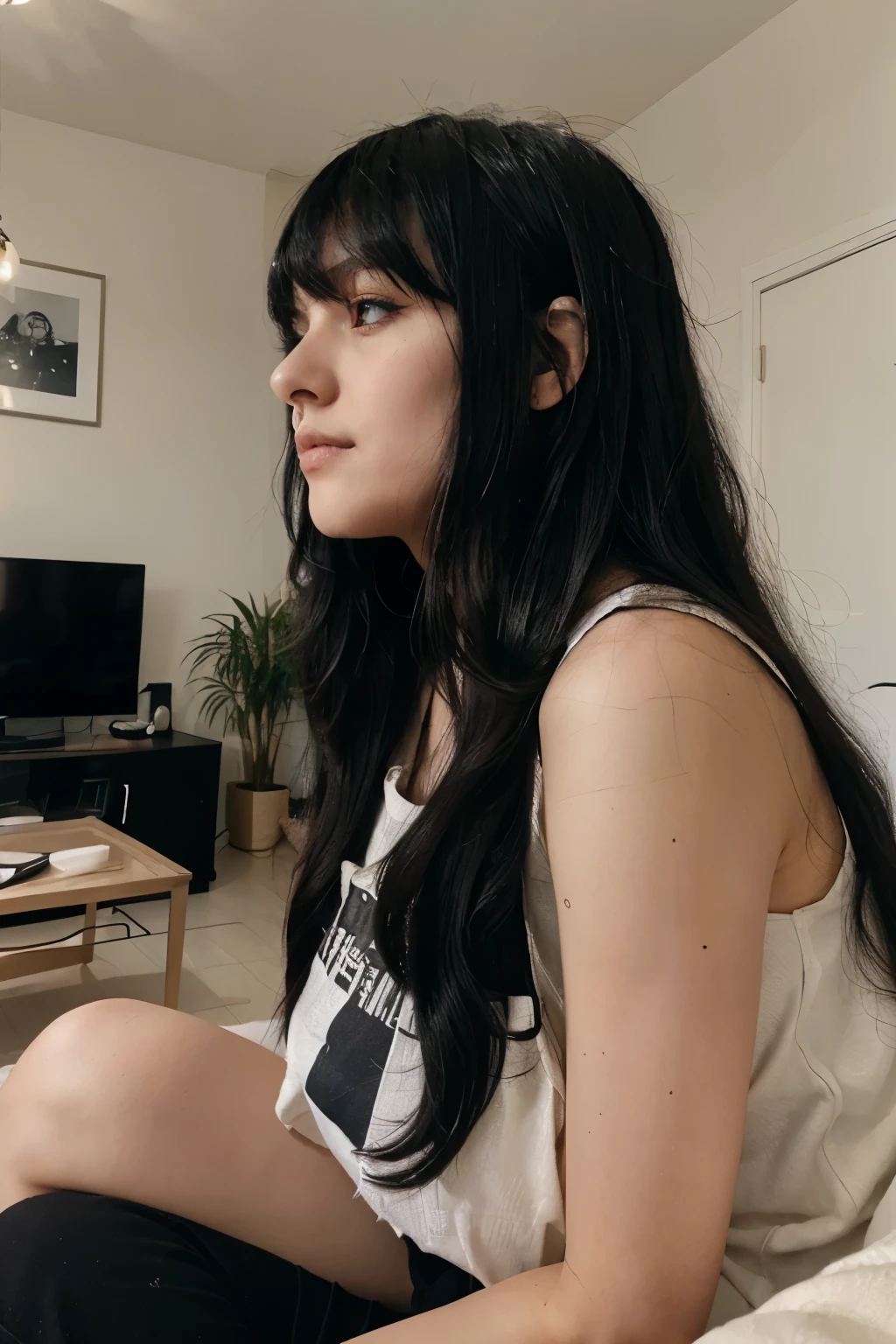 shy, goth, black hair, long black hair, 20 years old, in nice apartment, bright, profile picture, bangs, mascara, thick thighs, cute, neutral expression,