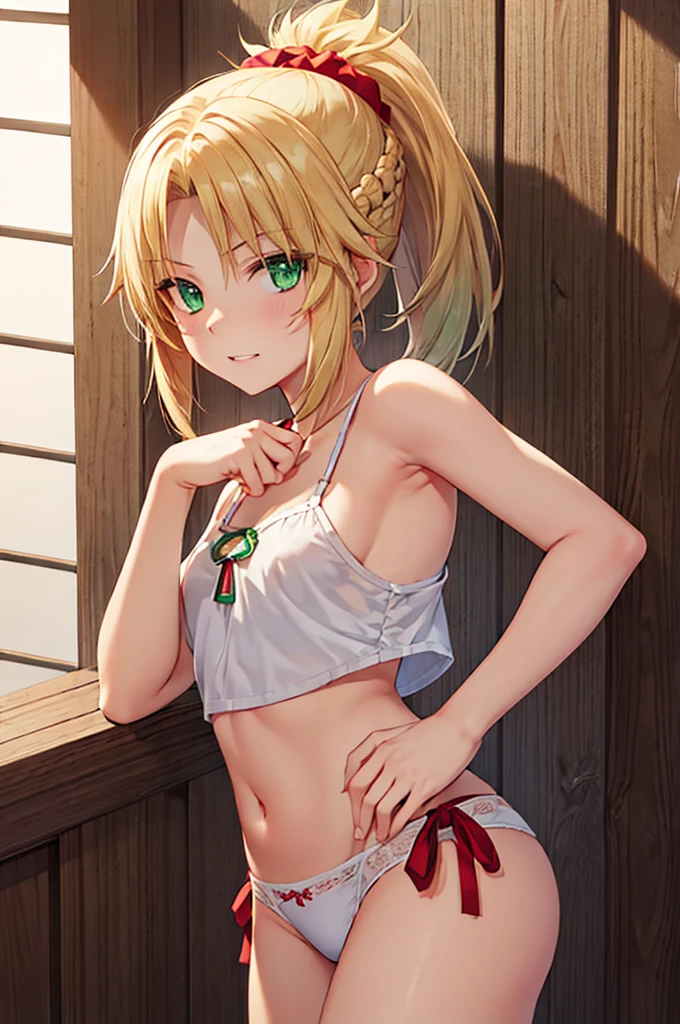 1 girl, fgomordred, modred, (green eyes:1.5), blonde hair, ponytail, short hair, scrunchie, red scrunchie, hair scrunchie, (small chest:1.2), BREAK blonde hair, white camisole,camisole, stading, BREAK looking at viewer, BREAK bedroom, BREAK (masterpiece:1.2), best quality, high resolution , unity 8k wallpaper, (artwork: 0.8), (beautiful detailed eyes: 1.6), extremely detailed face, perfect lighting, extremely detailed CG (perfect hands, perfect anatomy),camisole