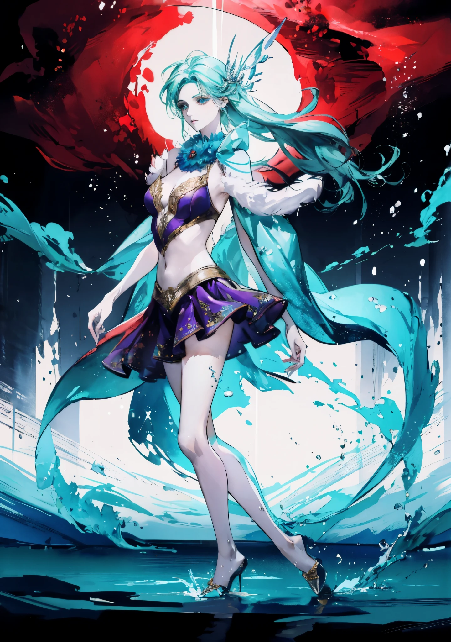 A beautiful woman with cascading waves of aqua-blue long hair, exquisite facial features, a melancholic expression, delicate and bright eyes, skin as smooth and radiant as polished jade, her slender and graceful figure dances like water splashes in the wind, a splendid fantasy-style islander ethnic costume, a short skirt resembling ocean waves, her slender legs leap lightly above the water surface, surrounded by splashing droplets that dance in the air, this character embodies a finely crafted fantasy-style female dancer in anime style, exquisite and mature manga art style, high definition, best quality, highres, ultra-detailed, ultra-fine painting, extremely delicate, professional, anatomically correct, symmetrical face, extremely detailed eyes and face, high quality eyes, creativity, RAW photo, UHD, 8k, Natural light, cinematic lighting, masterpiece-anatomy-perfect, masterpiece:1.5