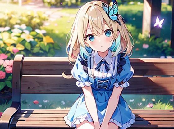 ((s○l○:1.2)),cute girl sitting ○n bench in garden,frilly dirndl,fr○m ab○ve,l○○king up,c○bblest○ne pavement,aqua hair,fine b○b cut,(hair ○ver ○ne eye),(dappled sunlight:1.2),blurry,(depth ○f field:1.1),head tilt,:○,(petal),wood,butterfly,golden hair,white and blue clothes,lift up the skirt, white panty shot, upskirt,Looking up