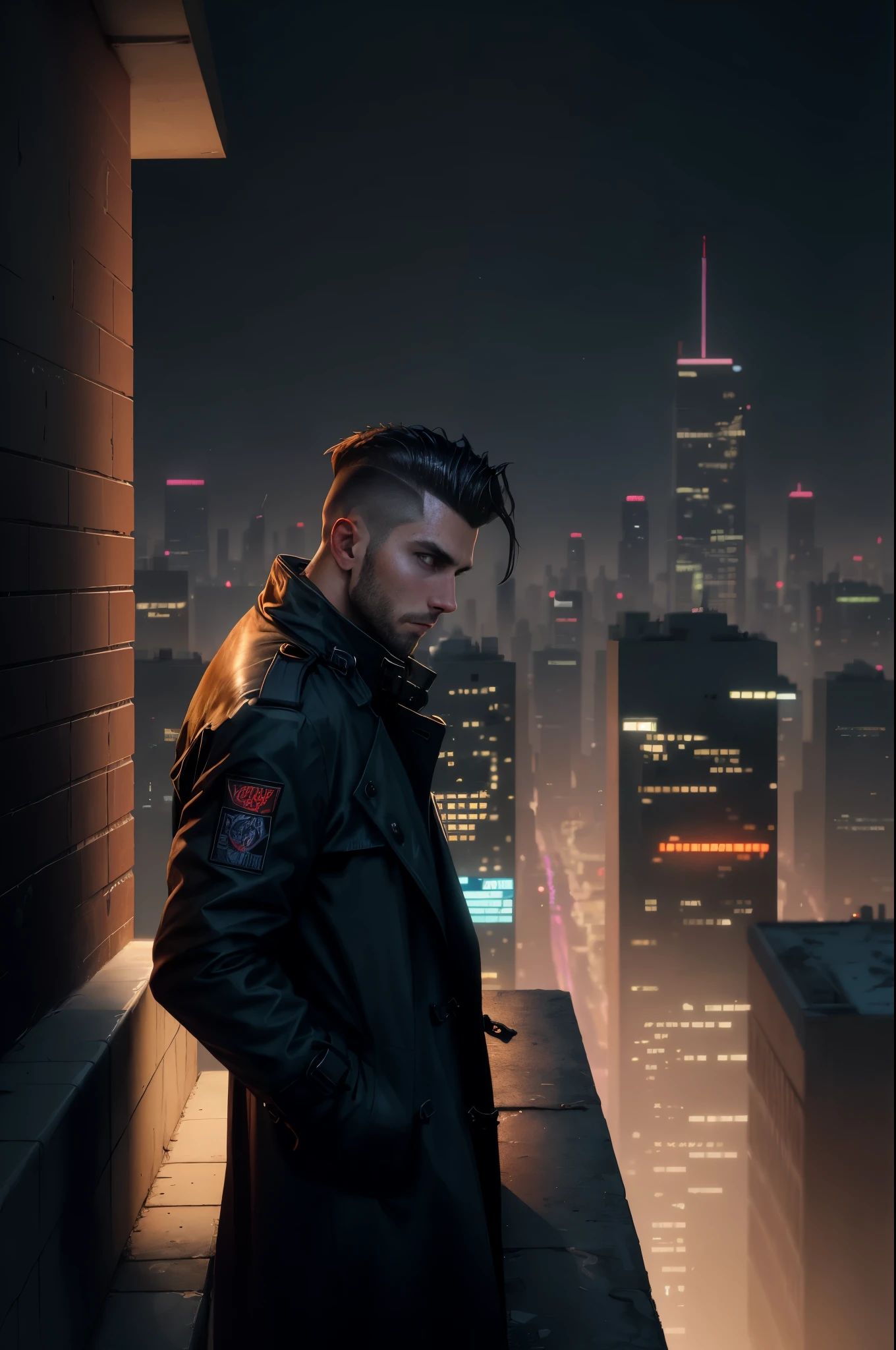 A man, 30 years old, hair shaved on the sides, wearing a dark trench coat with the collars turned up. He is leaning against the ledge of a building watching the night of the cyberpunk city below in the background.. Background cyberpunk make it realistic,8k,ultra,hd