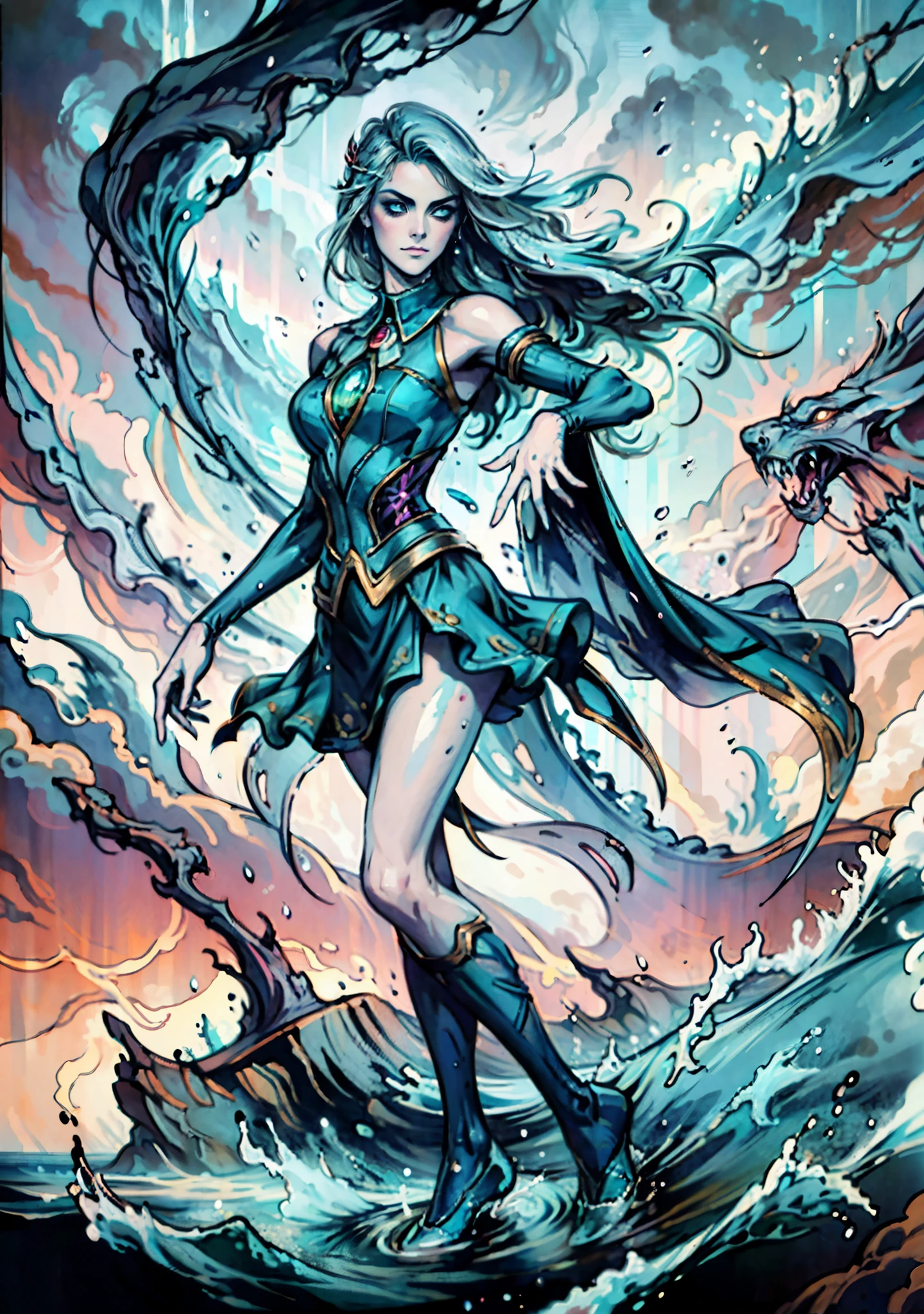 A beautiful woman with cascading waves of aqua-blue long hair, exquisite facial features, a melancholic expression, delicate and bright eyes, skin as smooth and radiant as polished jade, her slender and graceful figure dances like water splashes in the wind, a splendid fantasy-style islander ethnic costume, a short skirt resembling ocean waves, her slender legs leap lightly above the water surface, surrounded by splashing droplets that dance in the air, this character embodies a finely crafted fantasy-style female dancer in anime style, exquisite and mature manga art style, high definition, best quality, highres, ultra-detailed, ultra-fine painting, extremely delicate, professional, anatomically correct, symmetrical face, extremely detailed eyes and face, high quality eyes, creativity, RAW photo, UHD, 8k, Natural light, cinematic lighting, masterpiece-anatomy-perfect, masterpiece:1.5